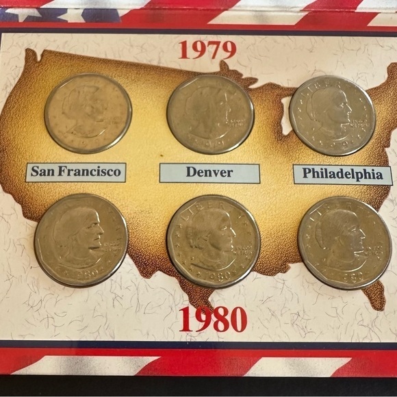 1979–1980 Susan B. Anthony Dollar Set – Uncirculated P/D/S (6 Coins) in Display - Picture 8 of 16